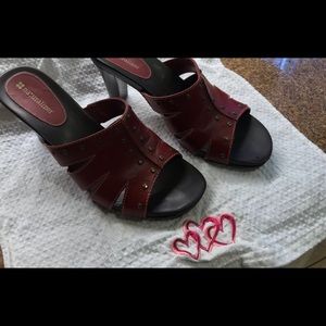 Ladies red leather heeled sandal with round studs